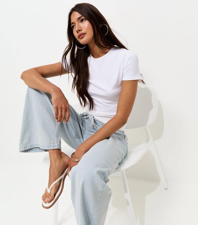 New Look Women's White Cotton Striped Denim Tie Waist Jeans New Look - 2