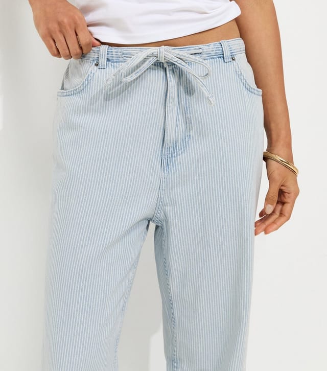 New Look Women's White Cotton Striped Denim Tie Waist Jeans New Look - 3