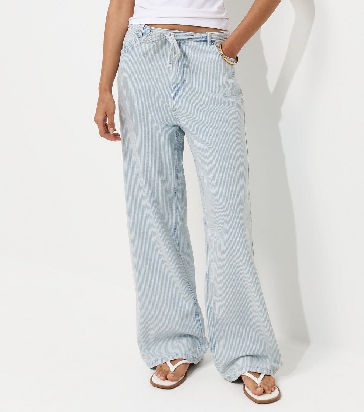 New Look Women's White Cotton Striped Denim Tie Waist Jeans New Look - 4