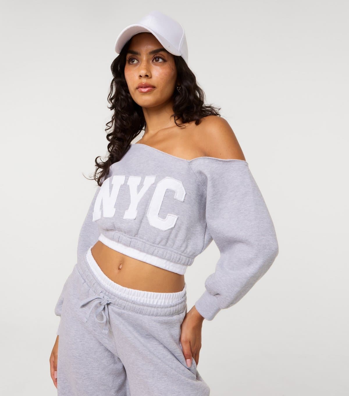 Pink Vanilla Women's Grey NYC Logo Off the Shoulder Sweatshirt Pink Vanilla New Look
