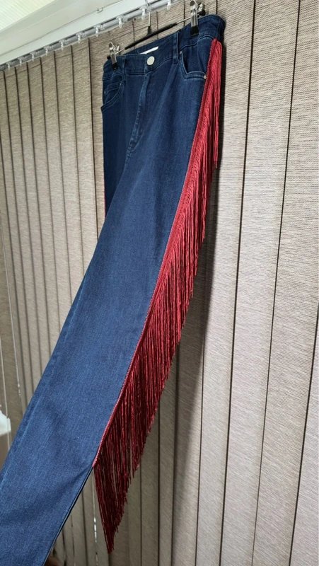 ASOS Design ASOS Denim Blue Jeans With Red Fringe Sides UK 12 W30 L32 Statement Jeans - 1