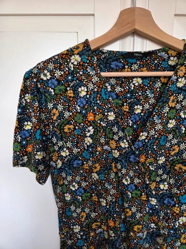 Next Next Floral Wrap Style Button Front Dress UK 14 Blue Orange Daisy Print