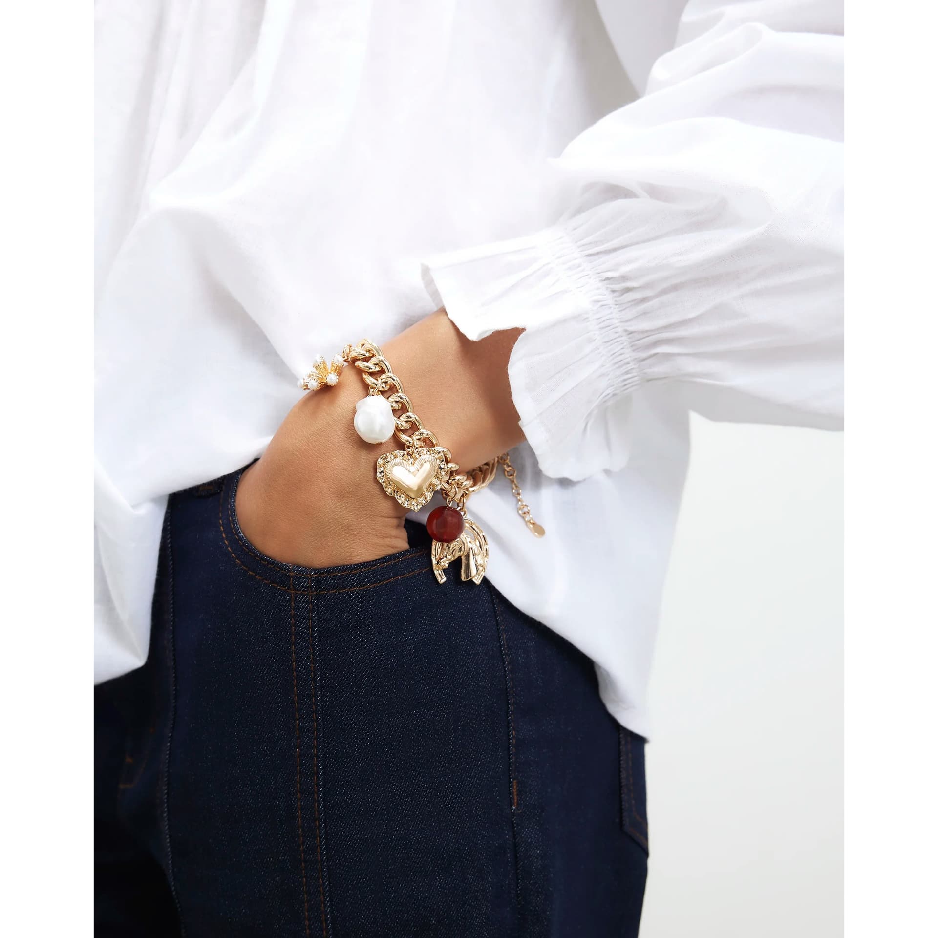 River Island River Island Womens Gold Heart And Pearl Charm Bracelet