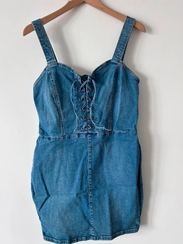 New Look New Look Denim Pinafore Dress Lace Up Front UK 16 (Fits Smaller)