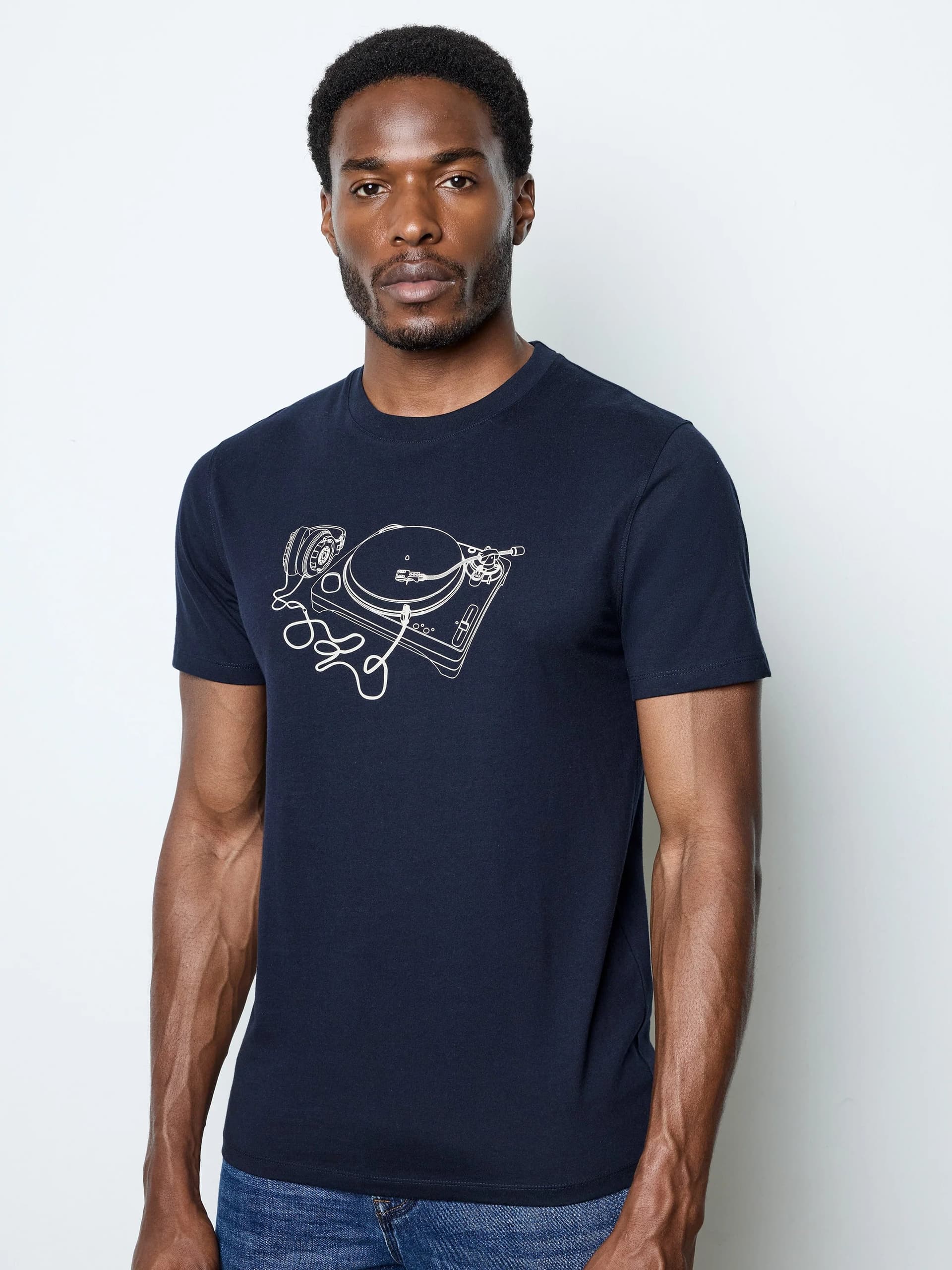 French Connection Short Sleeve Organic Turntable Graphic T-Shirt Navy/Bone