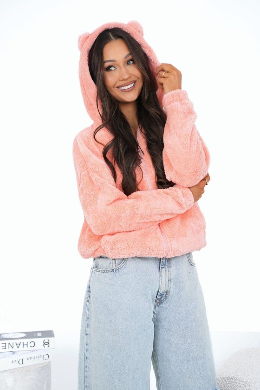 Love Lace Love Lace Women's Zipper Teddy Bear Hooded Casual Sweatshirt in Pink