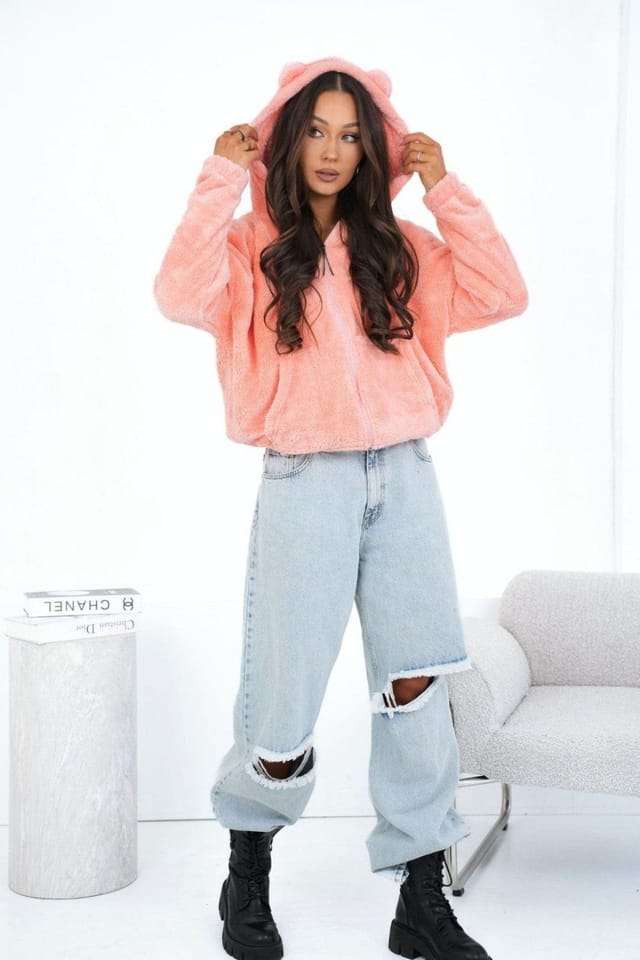 Love Lace Love Lace Women's Zipper Teddy Bear Hooded Casual Sweatshirt in Pink - 2