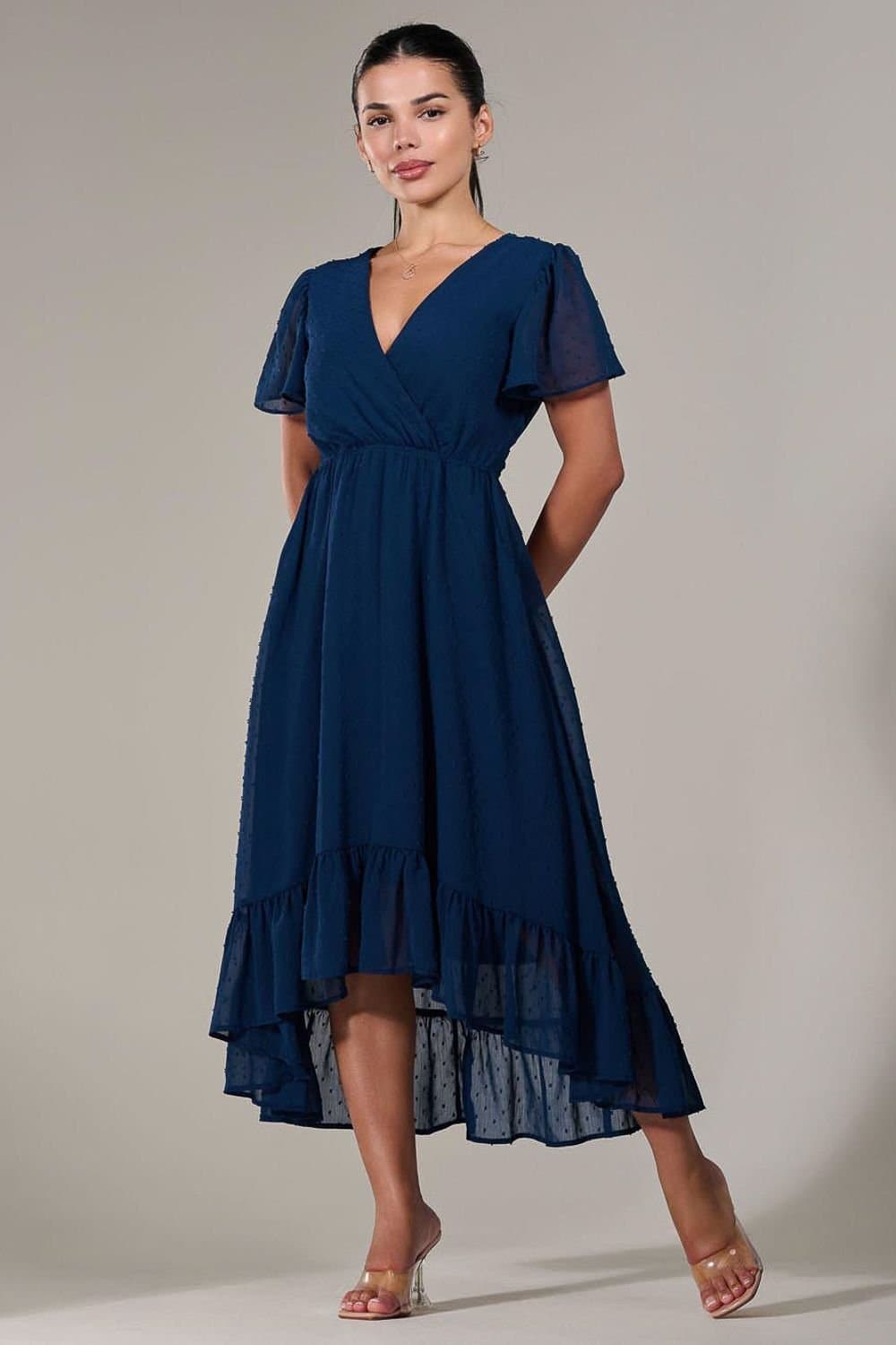 Jolie Moi Jolie Moi Women's Petite High-Low Midaxi Dress in Navy