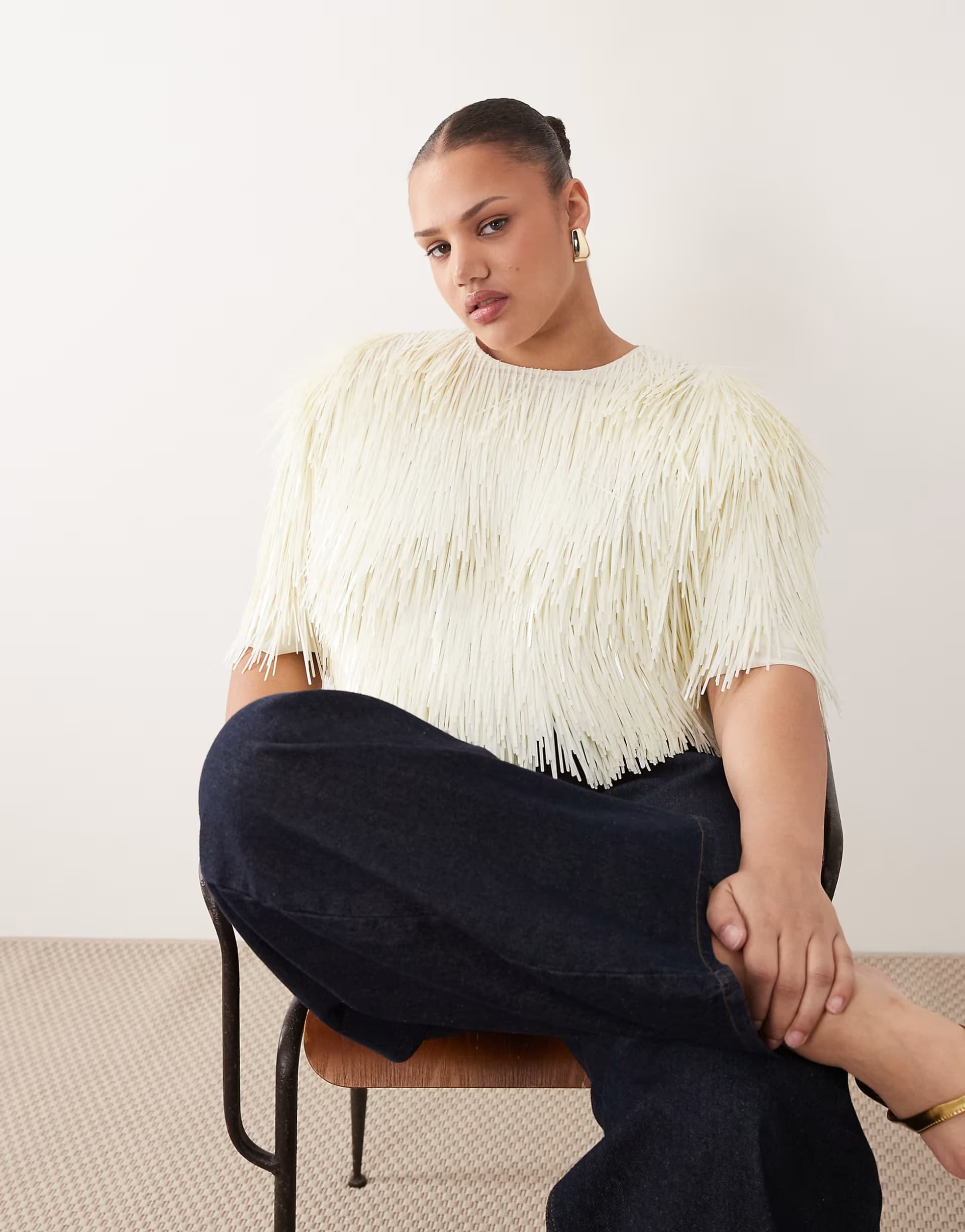 ASOS ARRANGE Curve all over shard sequin strong shoulder t-shirt in white