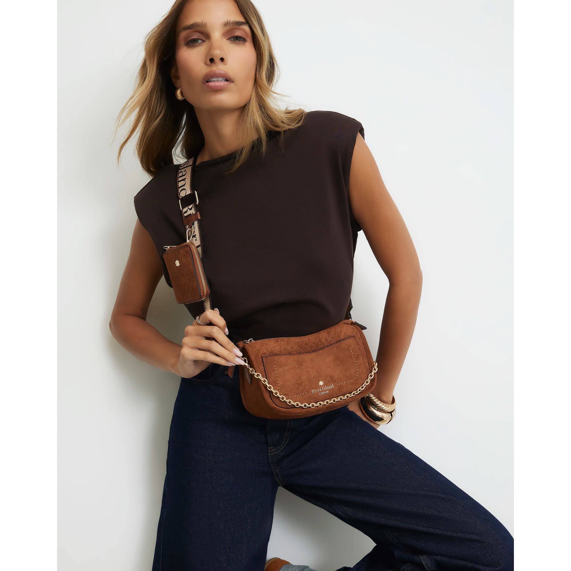 River Island River Island Womens Brown Scooped Embossed Crossbody Bag