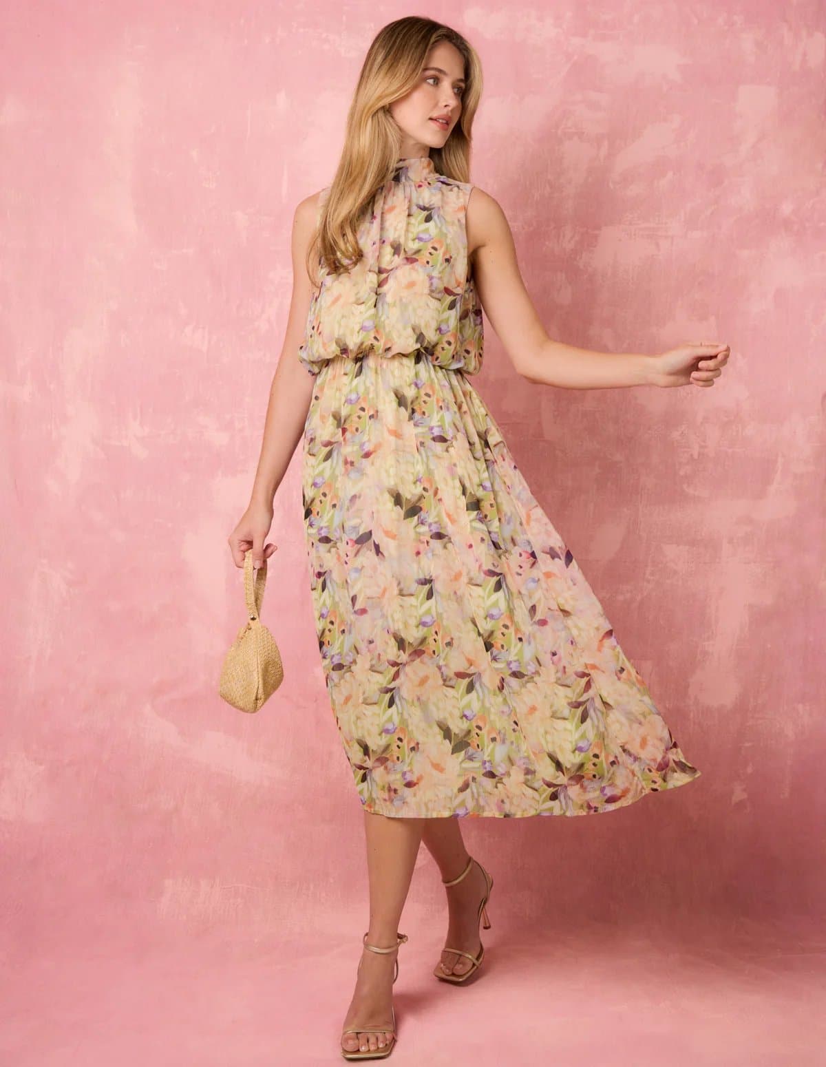 Blue Vanilla Watercolour Printed Sleeveless Midi Dress