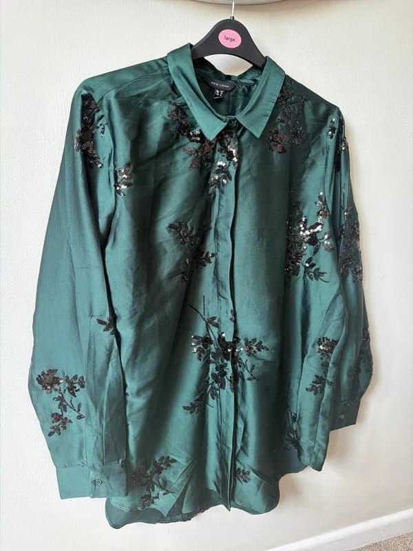 New Look Green Embellished Sequin Long Sleeve Blouse - New Look - Size 20