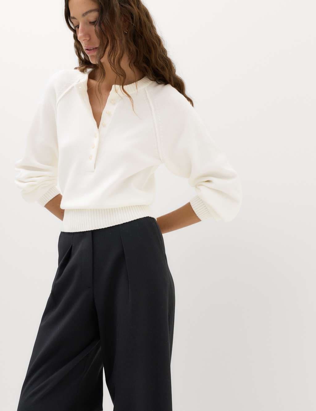 Marks & Spencer M&S Crew Neck Button Detail Jumper with Wool Ivory