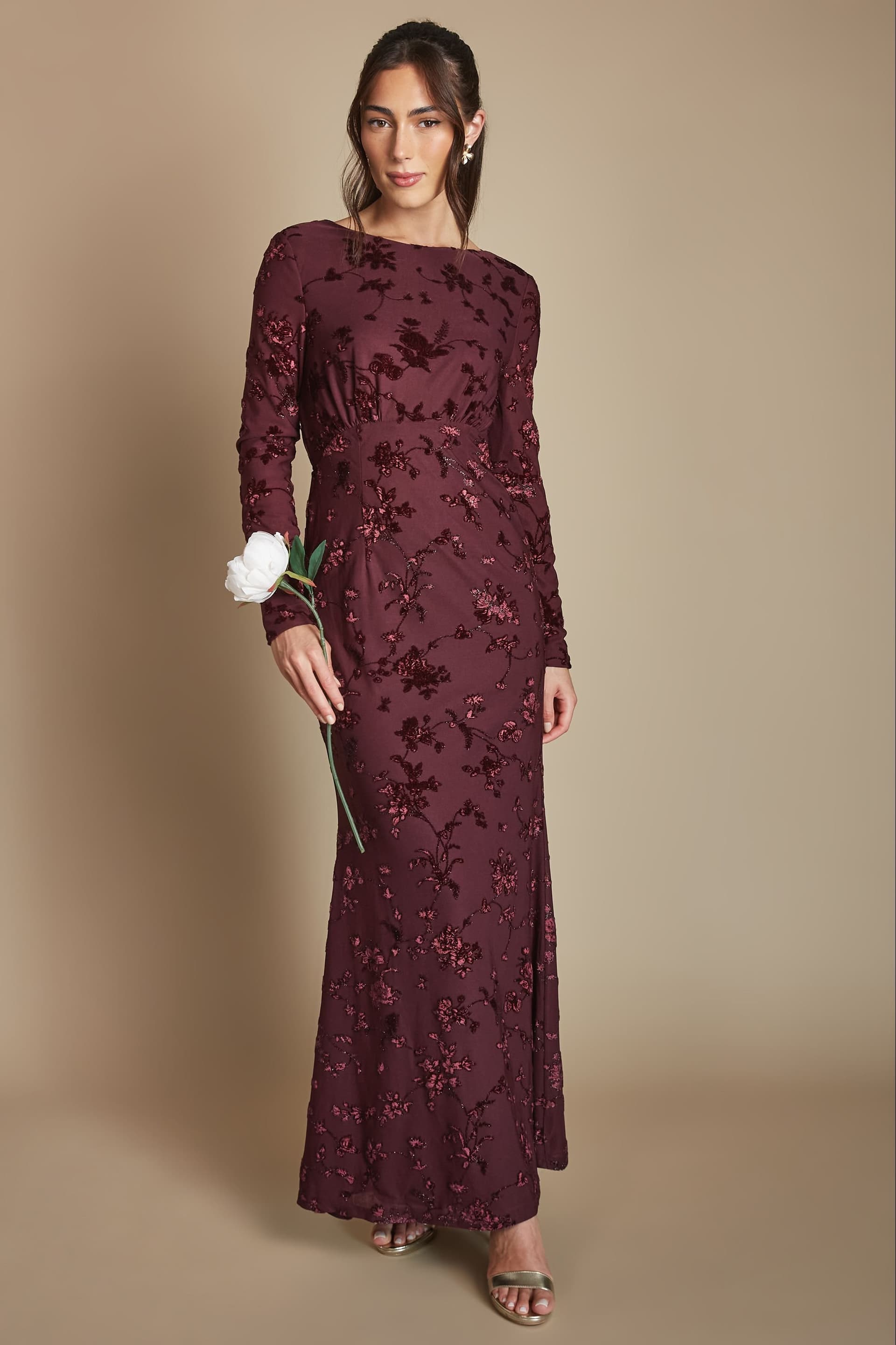 Coast Coast Women's Devore Mesh Cowl Back Bridesmaid Maxi Dress in Malbec