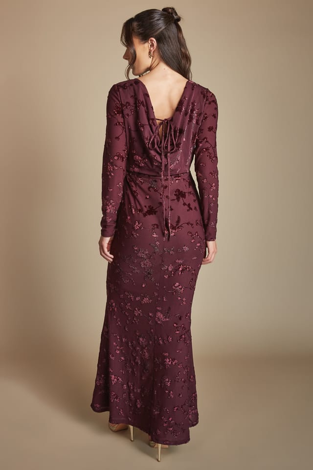 Coast Coast Women's Devore Mesh Cowl Back Bridesmaid Maxi Dress in Malbec - 3
