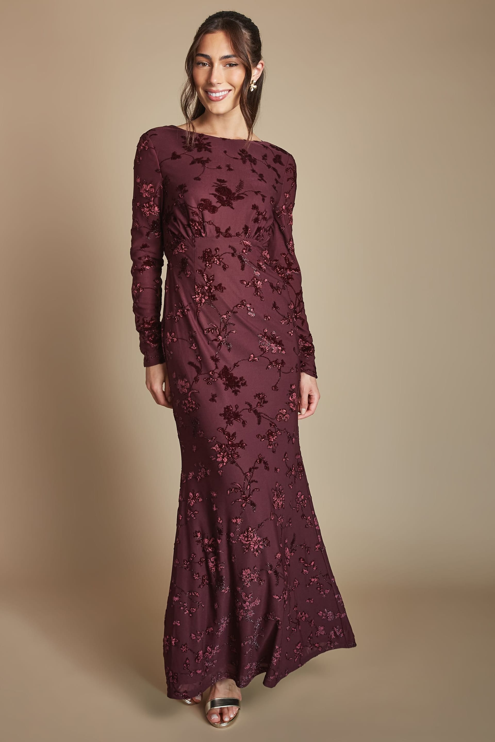 Coast Coast Women's Devore Mesh Cowl Back Bridesmaid Maxi Dress in Malbec - 4