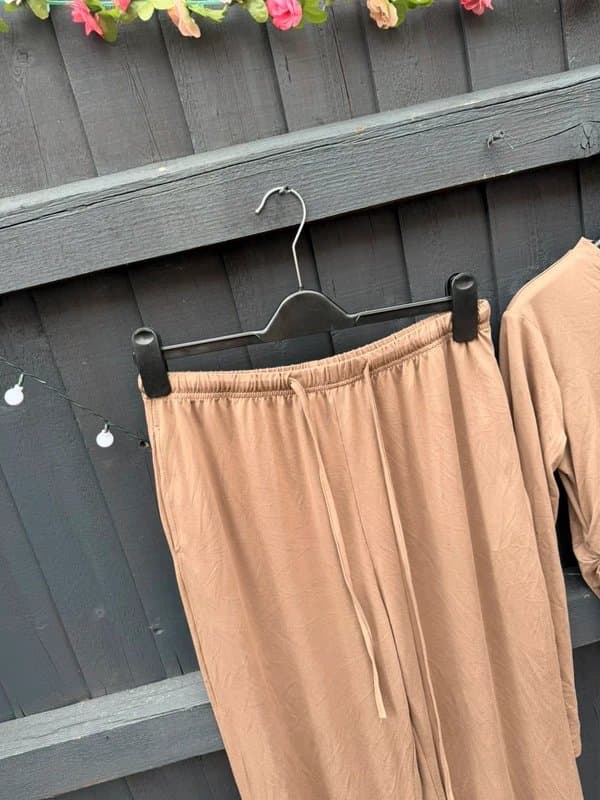Boutique Camel Brown Ruched Long Sleeve Two Piece Lounge Set | Size Large | New Without Tags