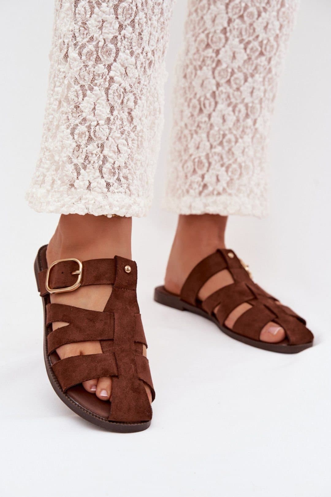 Love Lace Love Lace Women's Comfort Flat Heel Suede Sandal Slippers With Buckle Strap in Brown
