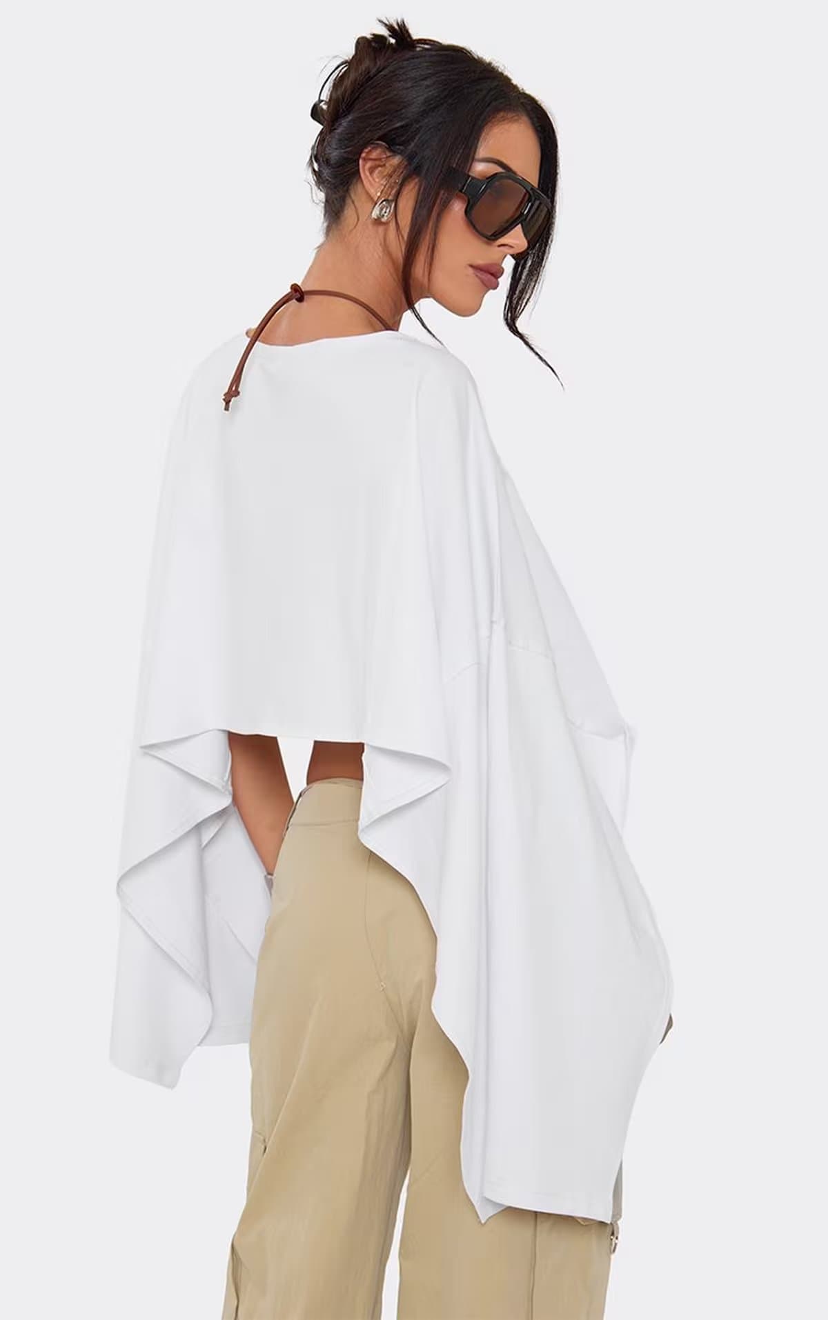 EGO Asymmetric Hem Jersey Cape Top In White, Women's Size UK 6