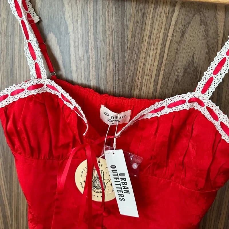 Urban Outfitters Kiss The Sky Urban Outfitters Red Satin Lace Straps Jacquard Tie Button Front Crop Top M