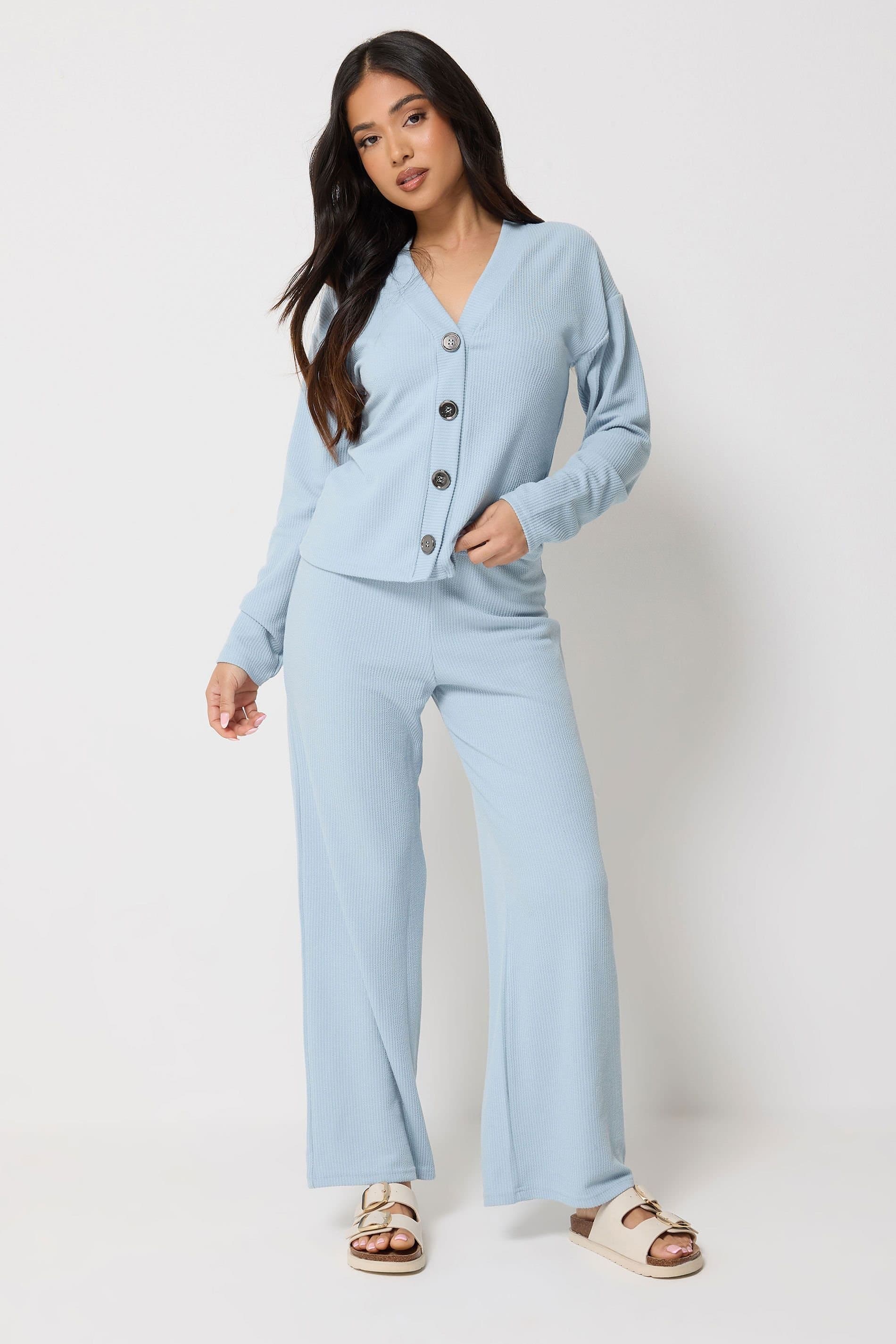 PixieGirl PixieGirl Women's Petite Ribbed Top & Trousers Set in Light Blue