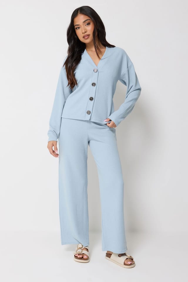 PixieGirl PixieGirl Women's Petite Ribbed Top & Trousers Set in Light Blue - 3