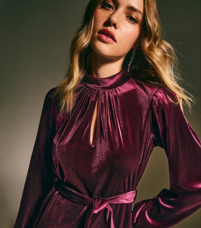 New Look Women's Dark Burgundy Velvet Long Sleeve Belted Mini Dress New Look - 2