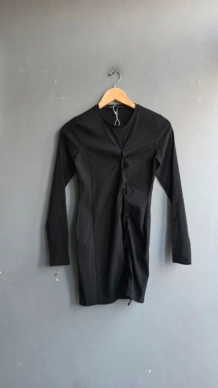 Pull & Bear Pull & Bear Black Ruched Mini Dress Size S Long Sleeve Bodycon Going Out Y2K - 1