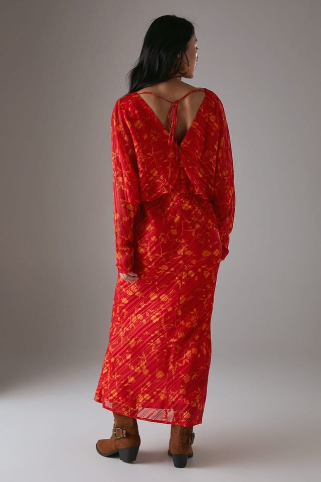 Warehouse Warehouse Women's Petite Shadow Stripe Batwing Plunge Neck Midi Dress in Red - 3
