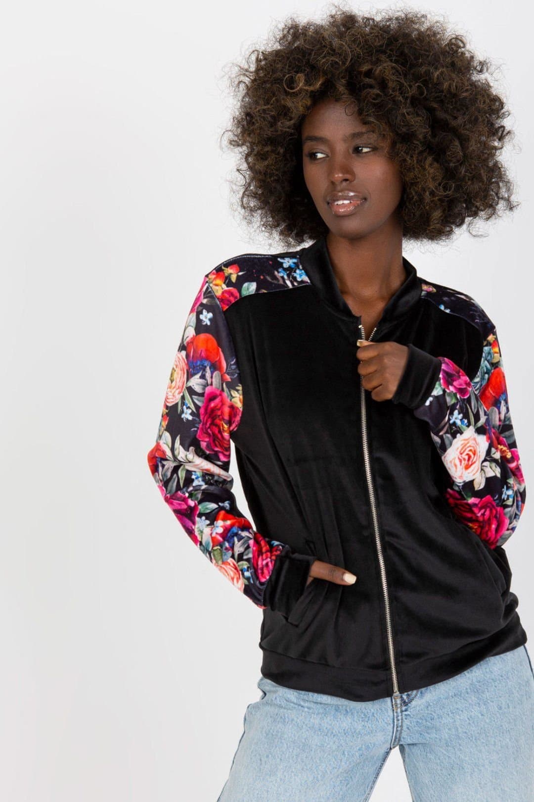 Love Lace Love Lace Women's Velour Bomber Jacket With Floral Sleeves in Black