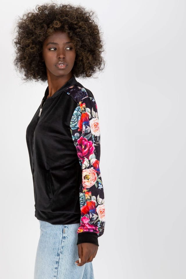 Love Lace Love Lace Women's Velour Bomber Jacket With Floral Sleeves in Black - 2