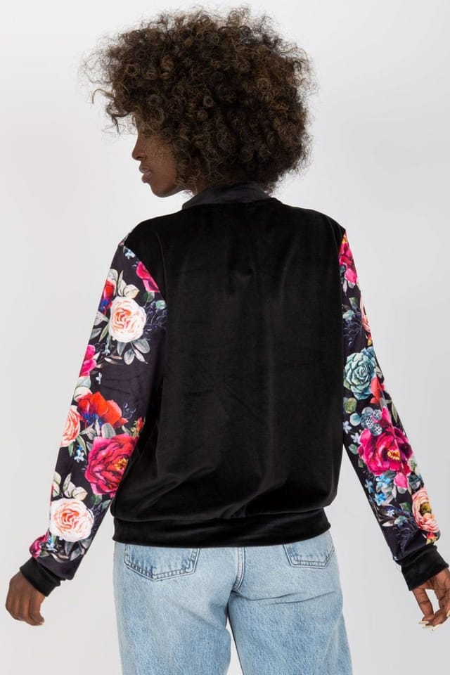 Love Lace Love Lace Women's Velour Bomber Jacket With Floral Sleeves in Black - 3