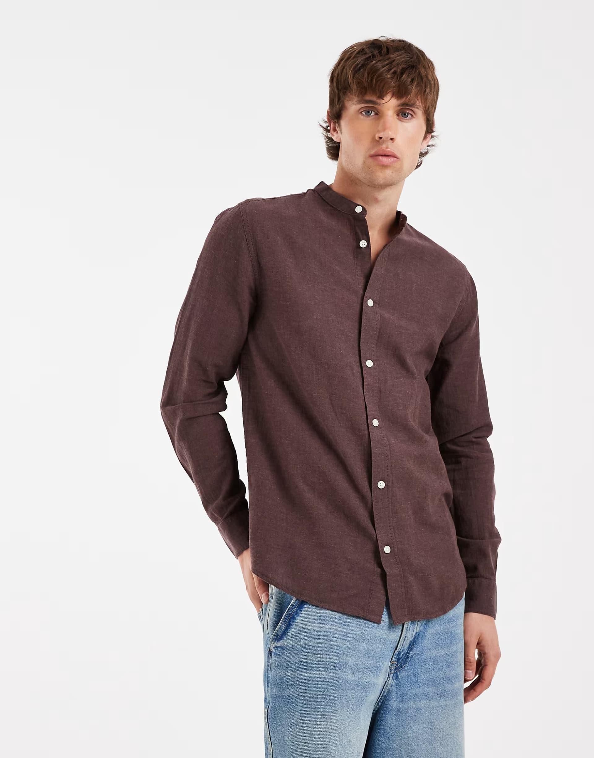 ASOS ONLY & SONS linen mix grandad collar shirt in brown