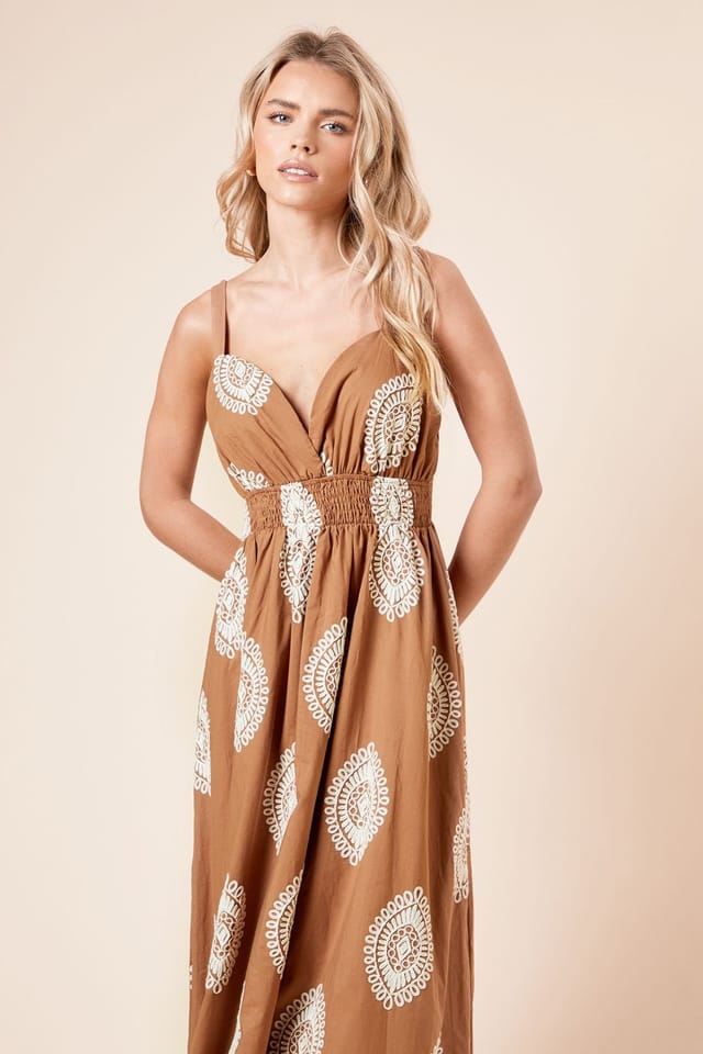 Dorothy Perkins Dorothy Perkins Women's Petite Brown Embroidered Midi Dress - 2