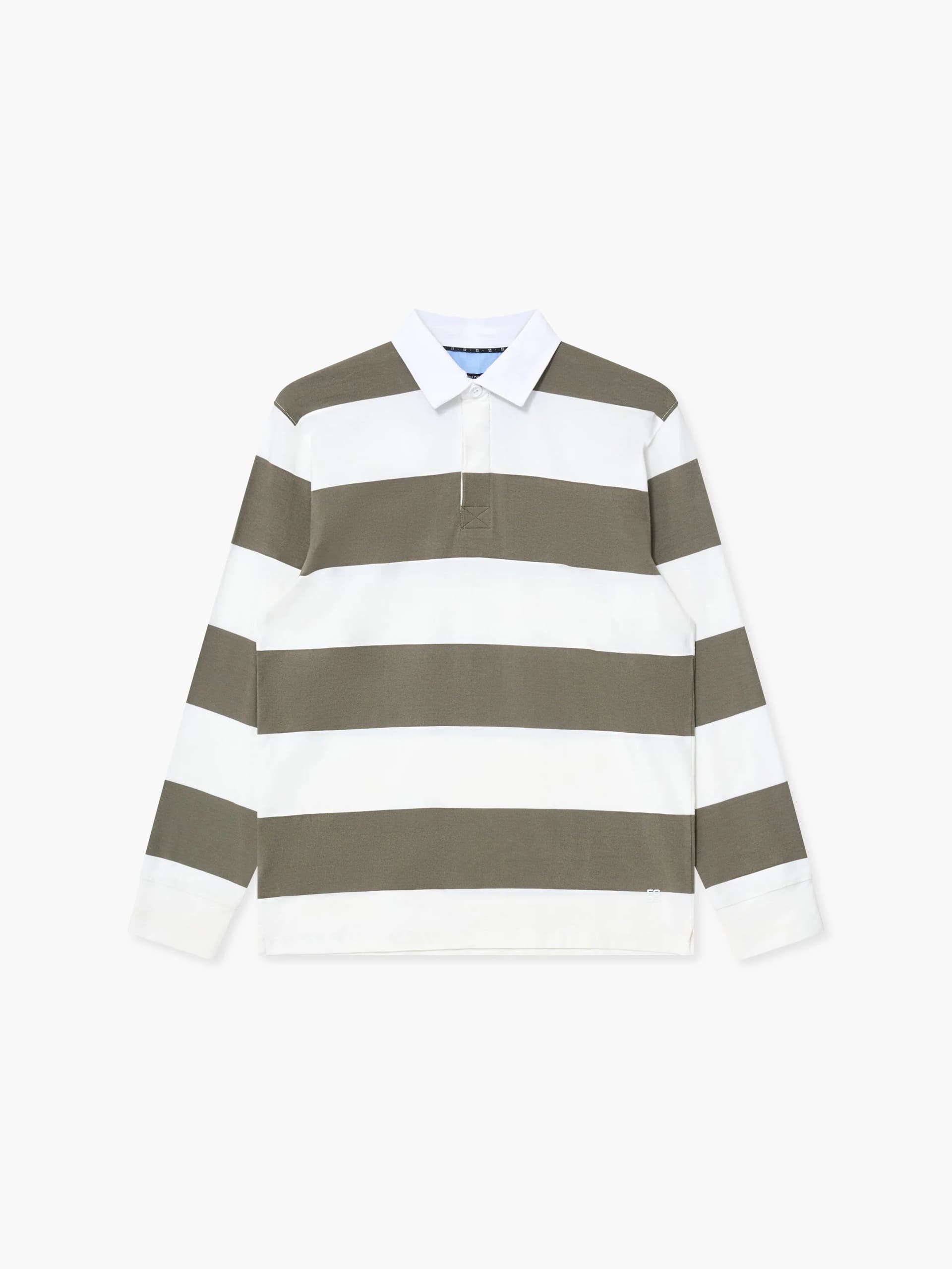 French Connection Stripe Rugby Polo Long Sleeve Shirt Ecru/Moss Green