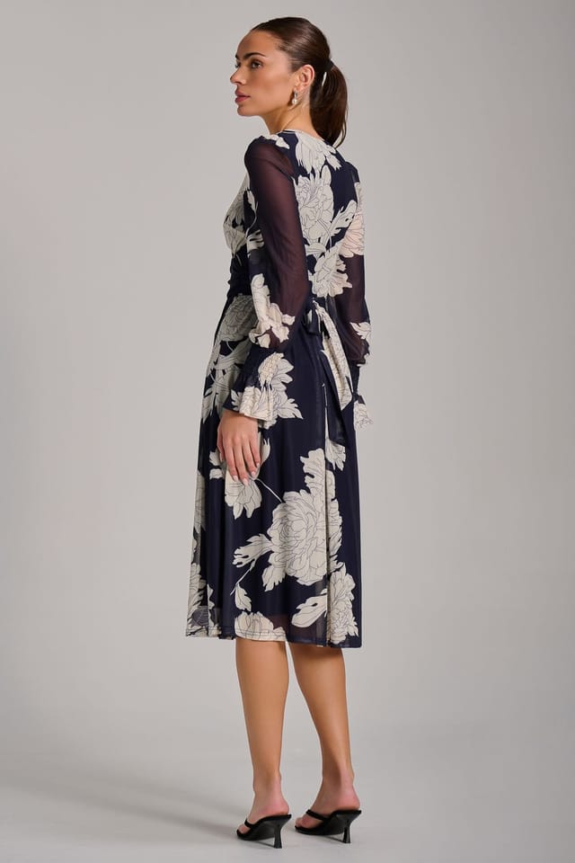 Jolie Moi Jolie Moi Women's Long Sleeve Printed Mesh Midi Dress in Navy - 2