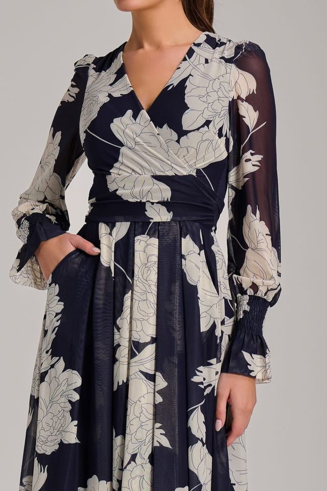 Jolie Moi Jolie Moi Women's Long Sleeve Printed Mesh Midi Dress in Navy - 3