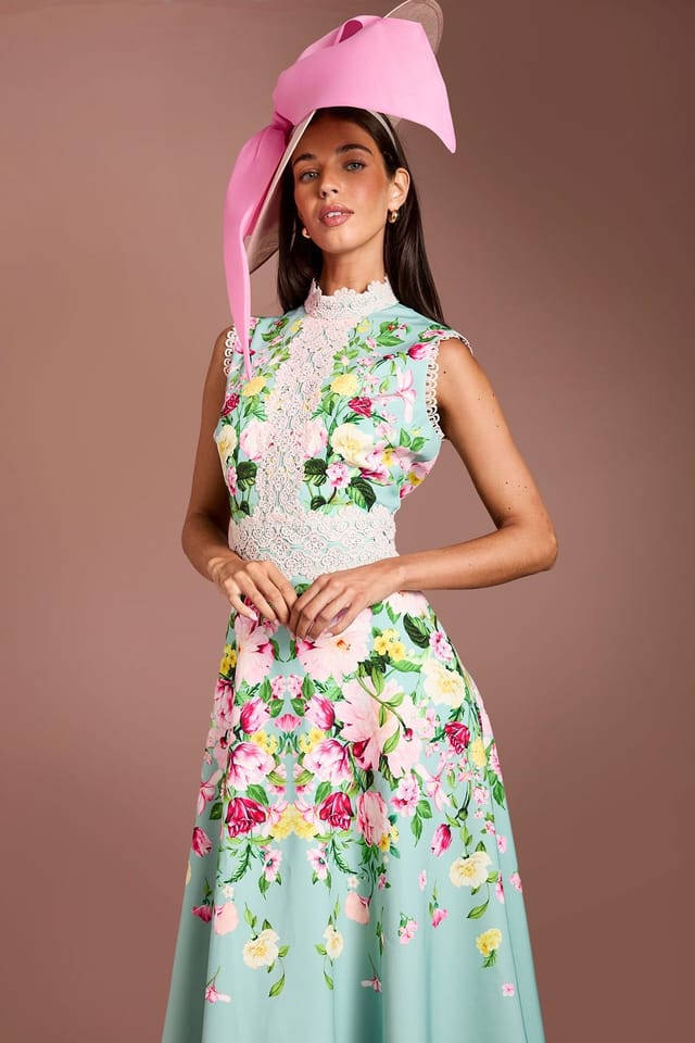 Coast Coast Women's Lisa Tan Lace Trim Placement Print Midi Dress in Sage - 2