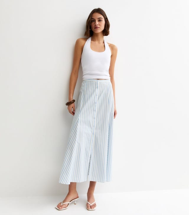 New Look Women's Blue Striped Cotton Button Through Midi Skirt New Look - 3