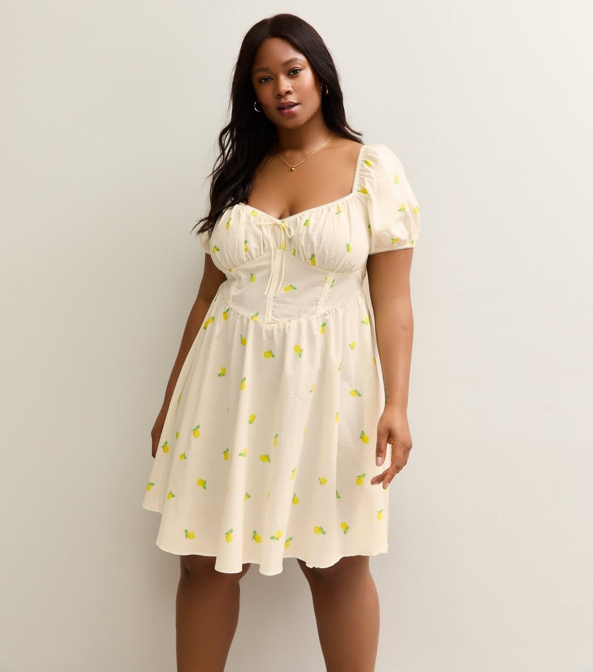 New Look Women's Plus Size White Poplin Lemon Print Milkmaid Mini Dress Curves New Look