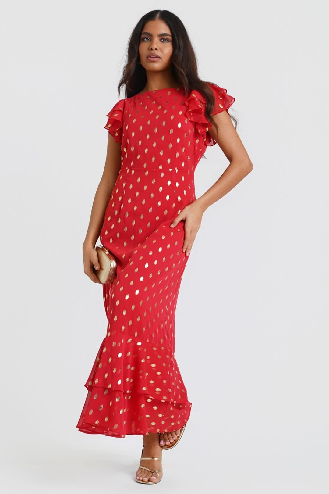 Needs No Label Needs No Label Women's Red Flutter Sleeve Foil Midaxi Dress