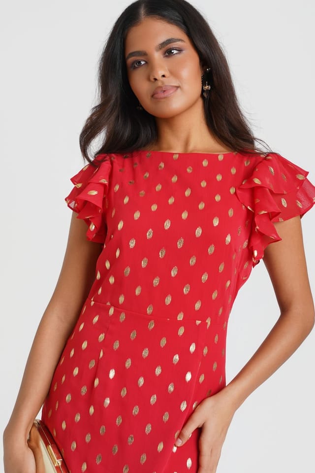 Needs No Label Needs No Label Women's Red Flutter Sleeve Foil Midaxi Dress - 2