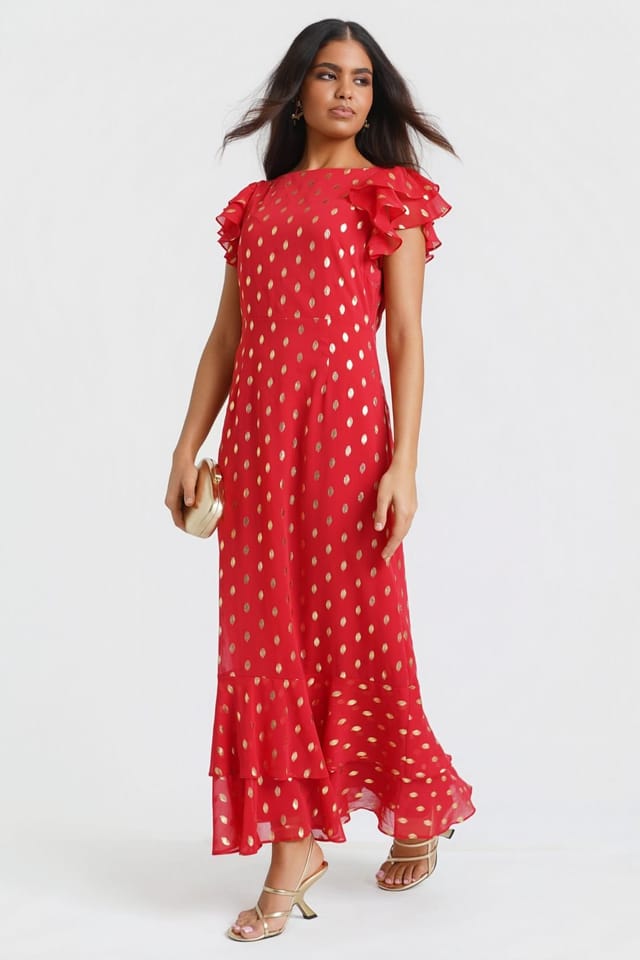Needs No Label Needs No Label Women's Red Flutter Sleeve Foil Midaxi Dress - 3