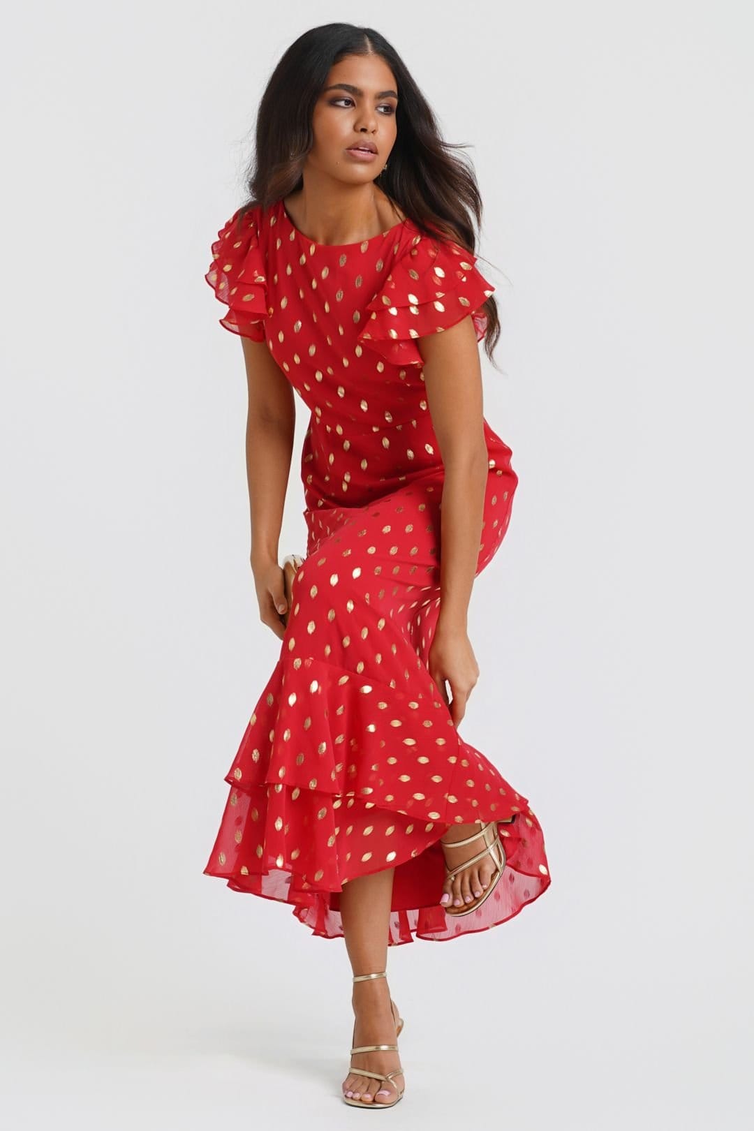 Needs No Label Needs No Label Women's Red Flutter Sleeve Foil Midaxi Dress - 4