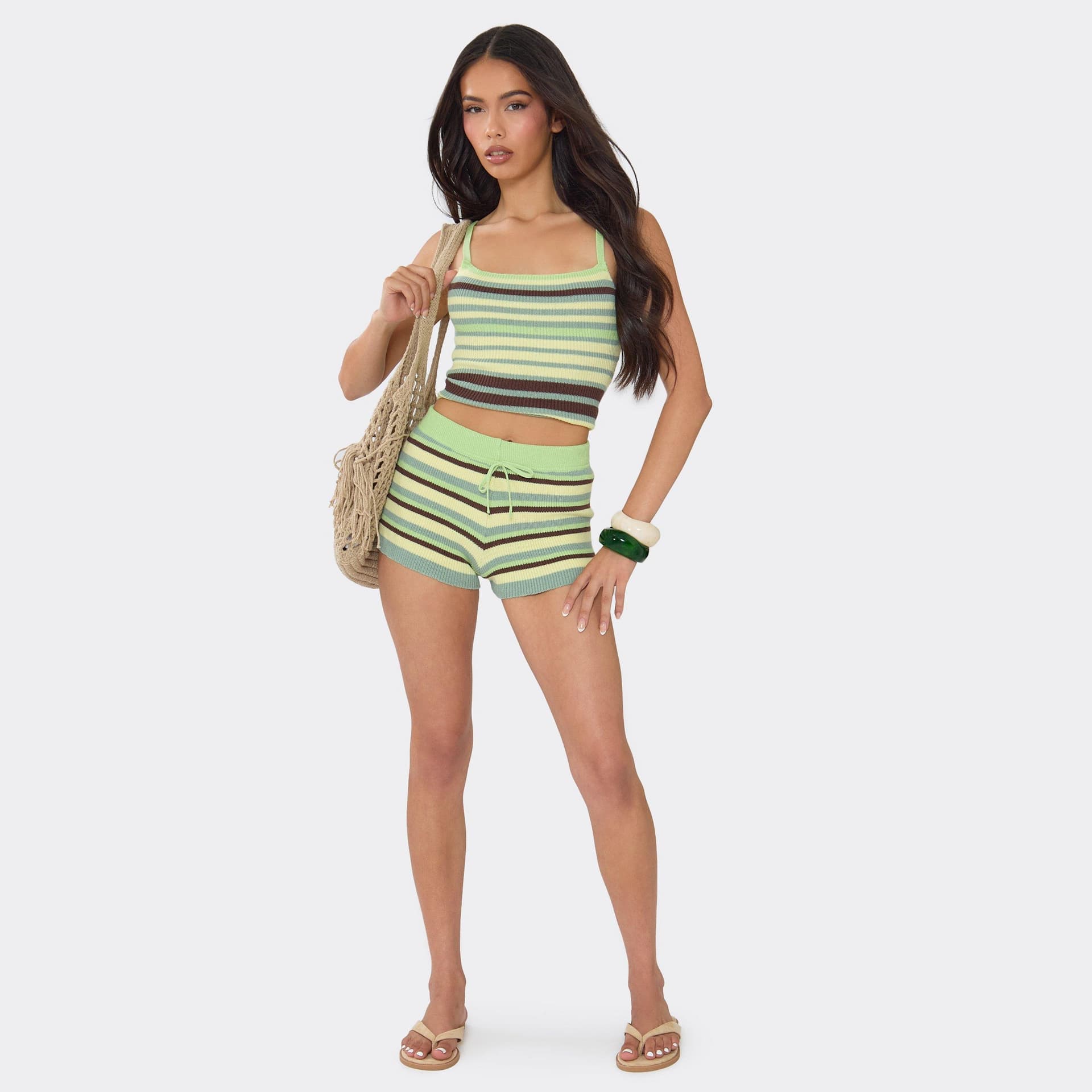 EGO Mid Rise Mini Shorts In Green Stripe Knit, Women's Size UK L