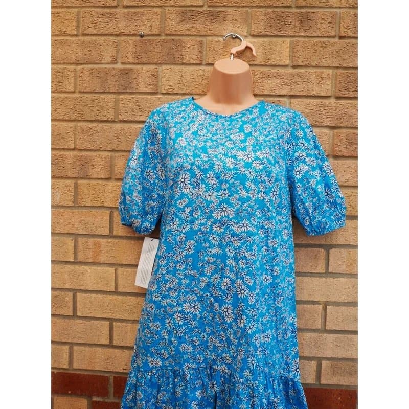 Topshop Topshop blue daisy floral puff short sleeve smock slip belt mini dress 8 10 S