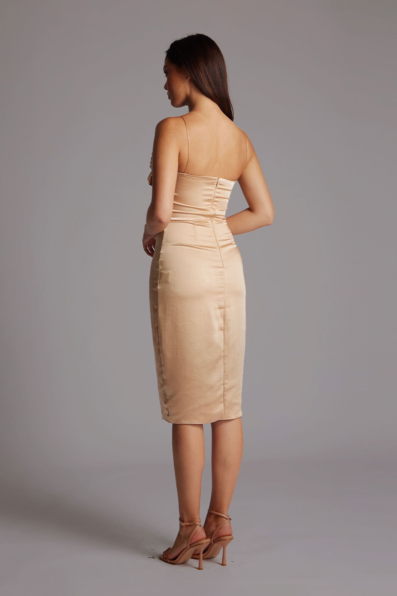 Vesper Vesper Women's Spaghetti Cami Strap Satin Midi Dress in Champagne in Light Bronze - 3