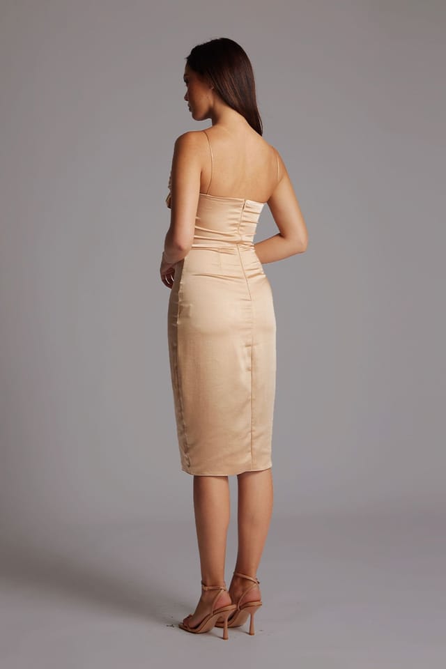 Vesper Vesper Women's Spaghetti Cami Strap Satin Midi Dress in Champagne in Light Bronze - 3