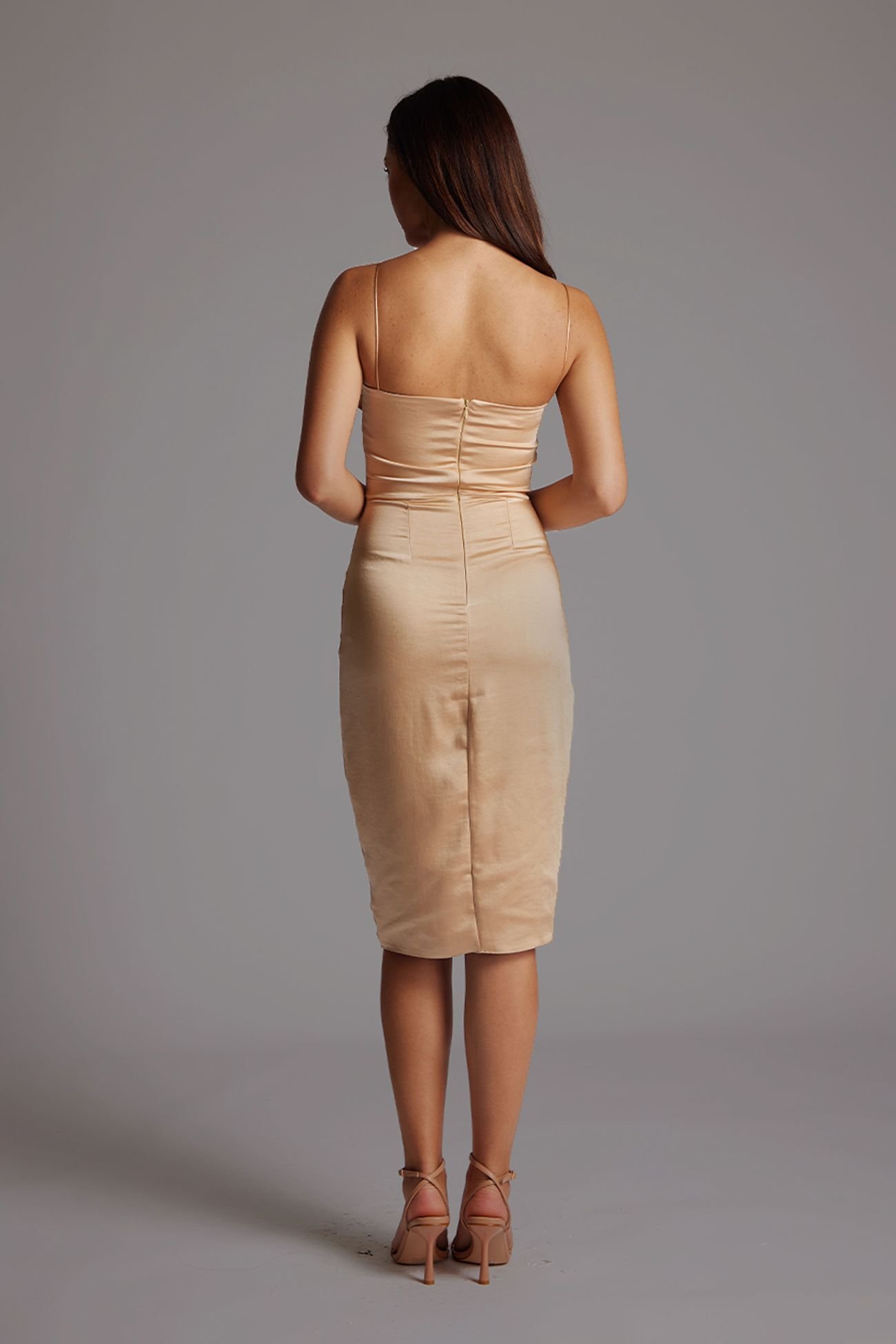 Vesper Vesper Women's Spaghetti Cami Strap Satin Midi Dress in Champagne in Light Bronze - 4