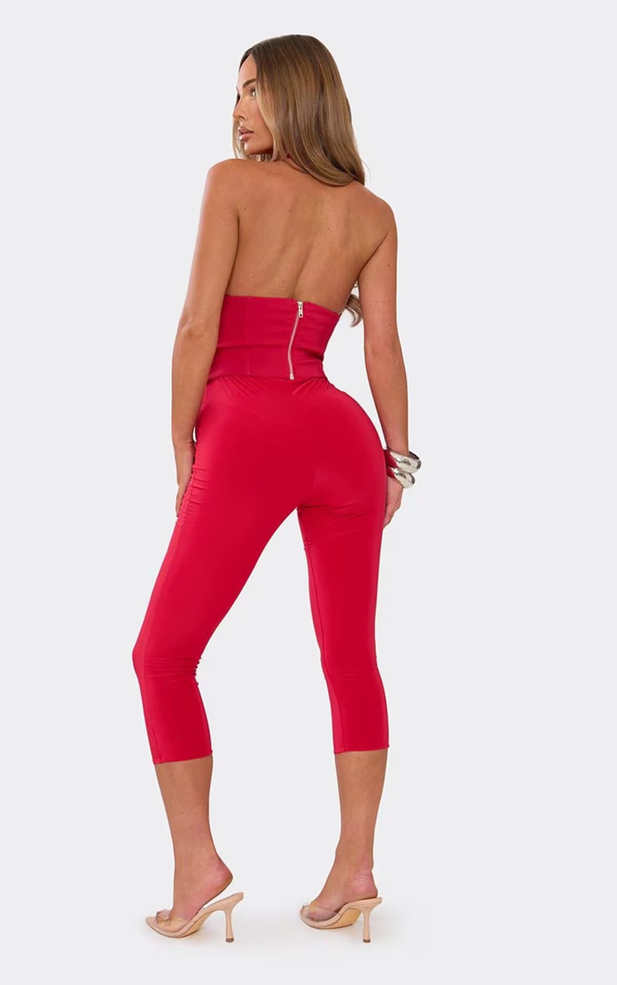 EGO Halterneck Plunge Front Corset Detail Capri Jumpsuit In Red, Women's Size UK 6